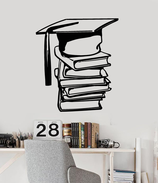 Vinyl Wall Decal Academic Cap Books Graduate School Class Stickers Mural (g5081)