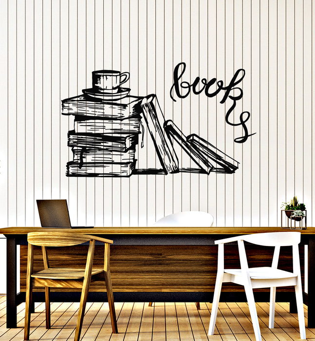 Vinyl Wall Decal Books Tea Cap Bookworm Reading Room Library  Stickers Mural (g5909)