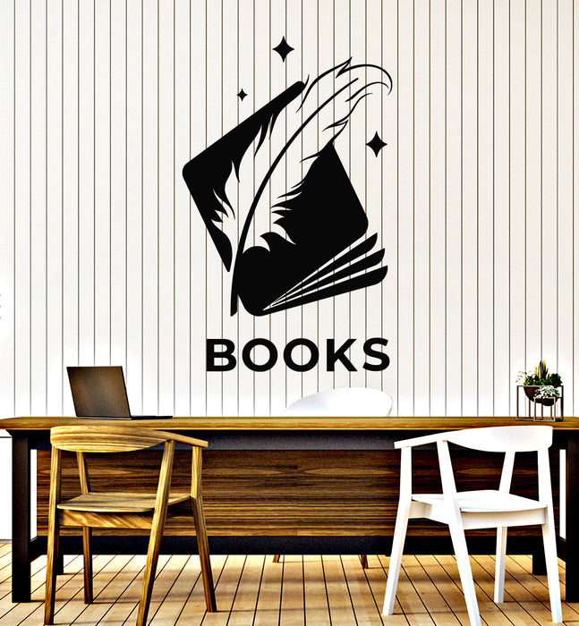 Vinyl Wall Decal Bookstore Feather Library Bookworm Books Reading Stickers Mural (g6770)