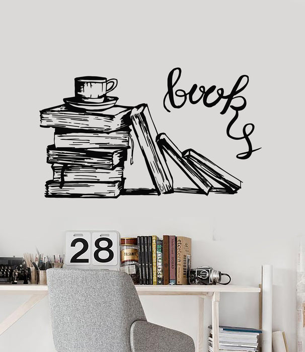 Vinyl Wall Decal Books Tea Cap Bookworm Reading Room Library  Stickers Mural (g5909)