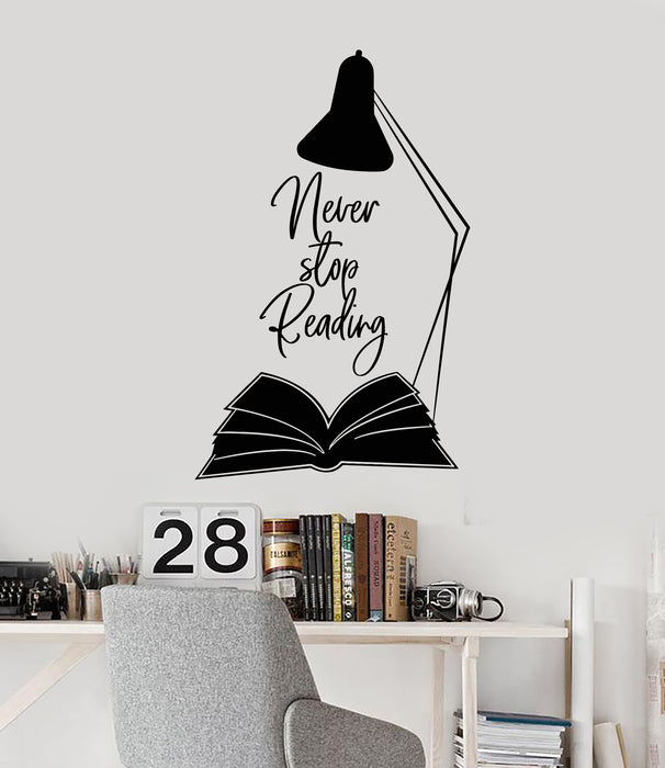 Vinyl Wall Decal Quote Never Stop Reading Open Book Library Stickers Mural (g6254)
