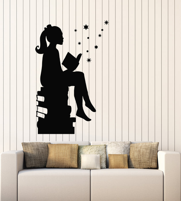 Vinyl Wall Decal Girl Reading Book Stars Library Bookworm Stickers Mural (g7673)