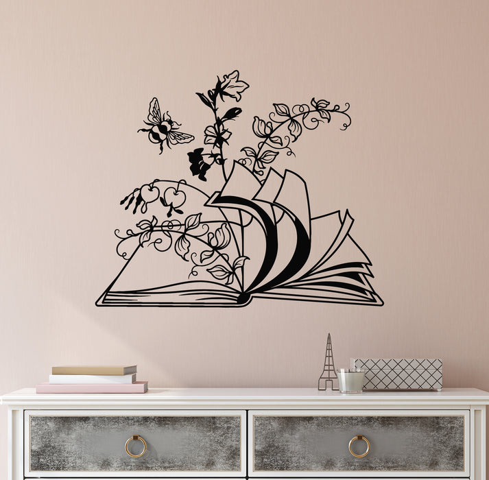 Vinyl Wall Decal Open Book Floral Art Flower Library Book Store Stickers Mural (g8183)