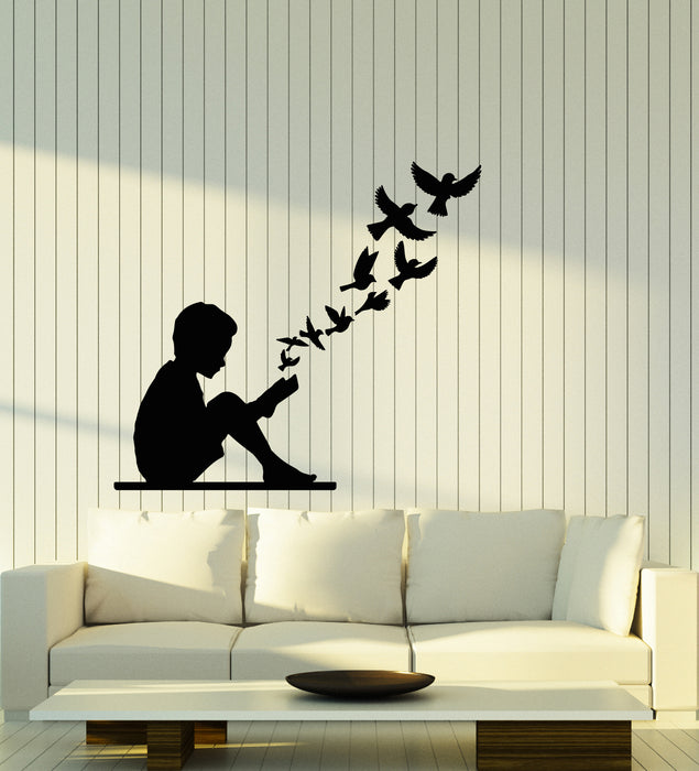 Vinyl Wall Decal Open Book Boy Reading Stories Library Birds Pattern Stickers Mural (g8023)