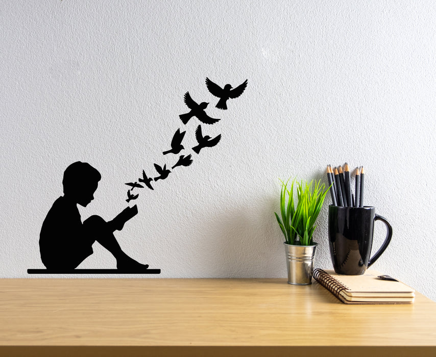 Vinyl Wall Decal Open Book Boy Reading Stories Library Birds Pattern Stickers Mural (g8023)