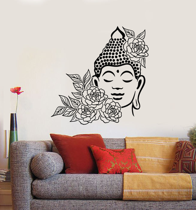 Vinyl Wall Decal Buddha Face Drawing Flowers Meditation Zen Room Stickers Mural (g7967)