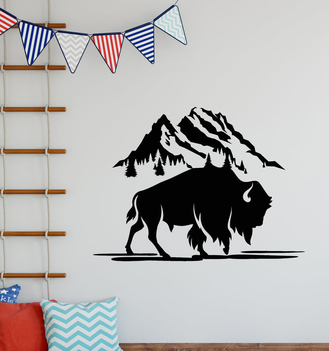 Vinyl Wall Decal Wildlife Bison Bull Buffalo Forest Mountains Stickers Mural (g7268)