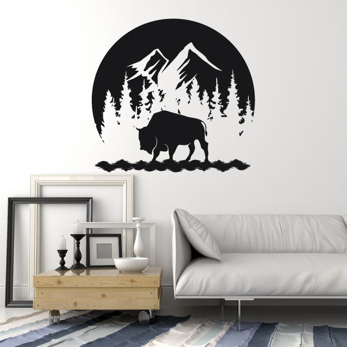 Bull and Mountains Vinyl Wall Decal Nature Silhouette Animal Forest Tourism Stickers Mural (k028)