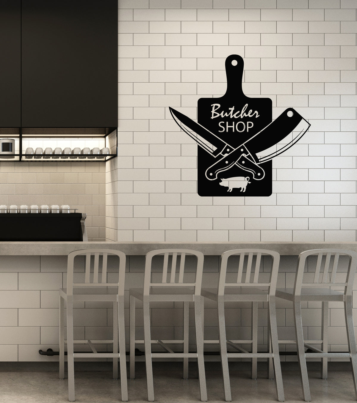 Vinyl Wall Decal Butcher Shop Pork Cutting Board Knives Kitchen Interi ...