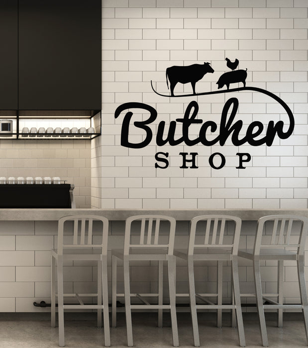 Vinyl Wall Decal Butcher Shop Animals Cow Pig Chicken Meat Stickers Mural (g2816)