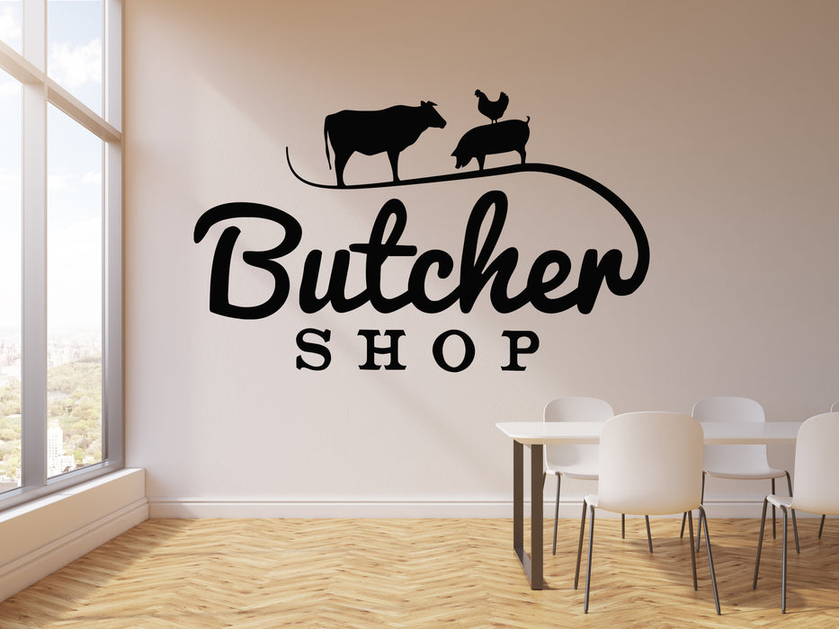 Vinyl Wall Decal Butcher Shop Animals Cow Pig Chicken Meat Stickers Mural (g2816)