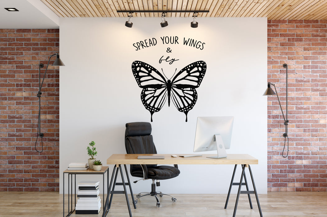 Vinyl Wall Decal Phrase Lettering Spread Your Wings Fly Butterflies Stickers Mural (g8099)