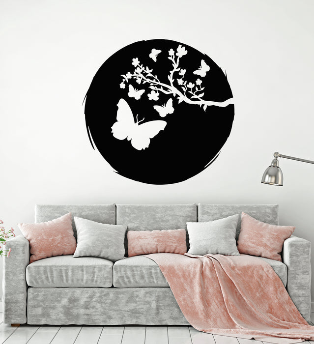 Vinyl Wall Decal Circle Butterflies Patterns Sakura Tree Japanese Art Stickers Mural (g3240)