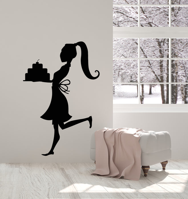 Vinyl Wall Decal Girl Cooking Cafe Cake With Cherry Dessert Stickers Mural (g1914)