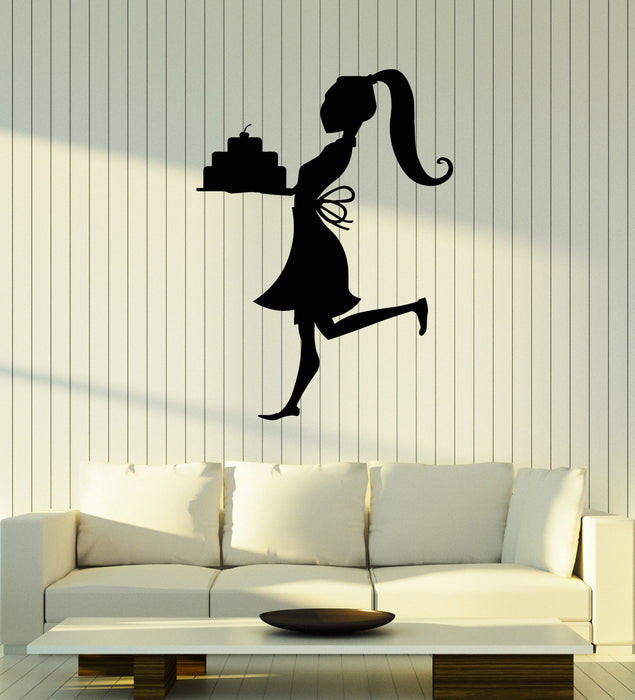 Vinyl Wall Decal Girl Cooking Cafe Cake With Cherry Dessert Stickers Mural (g1914)