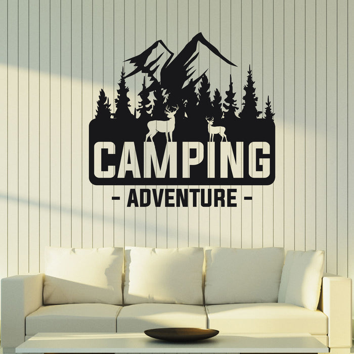 Camping Adventure Vinyl Wall Decal Mountains Trees Deers Lettering Stickers Mural (k163)