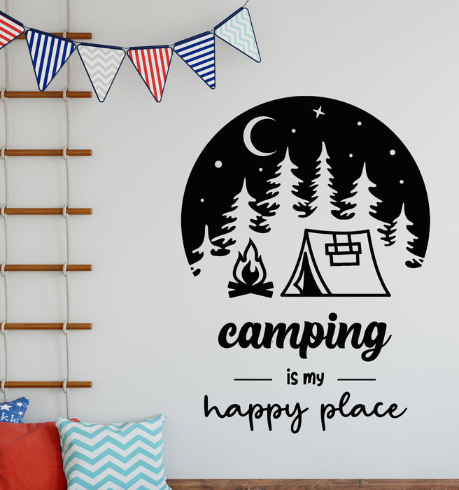 Vinyl Wall Decal Camping In My Happy Place Night Moon Stars Stickers Mural (g7918)