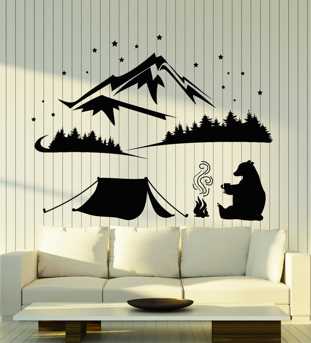 Vinyl Wall Decal Camp Adventure Night Moon Stars Bear Mountains Stickers Mural (g5459)