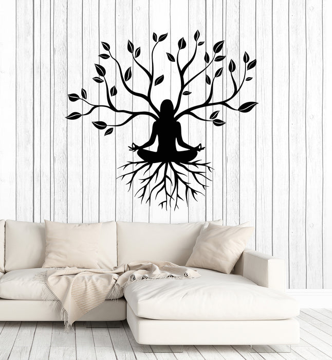 Vinyl Wall Decal Gym Yoga Room Meditation Girl Tree Roots Stickers Mural (g6023)