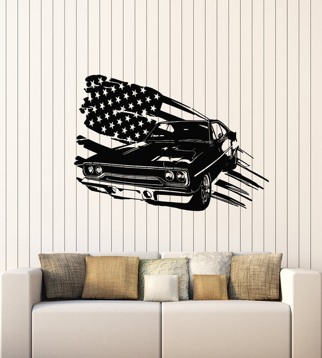 Vinyl Wall Decal Muscle Car Auto Garage USA American Flag Stickers Mural (g1491)
