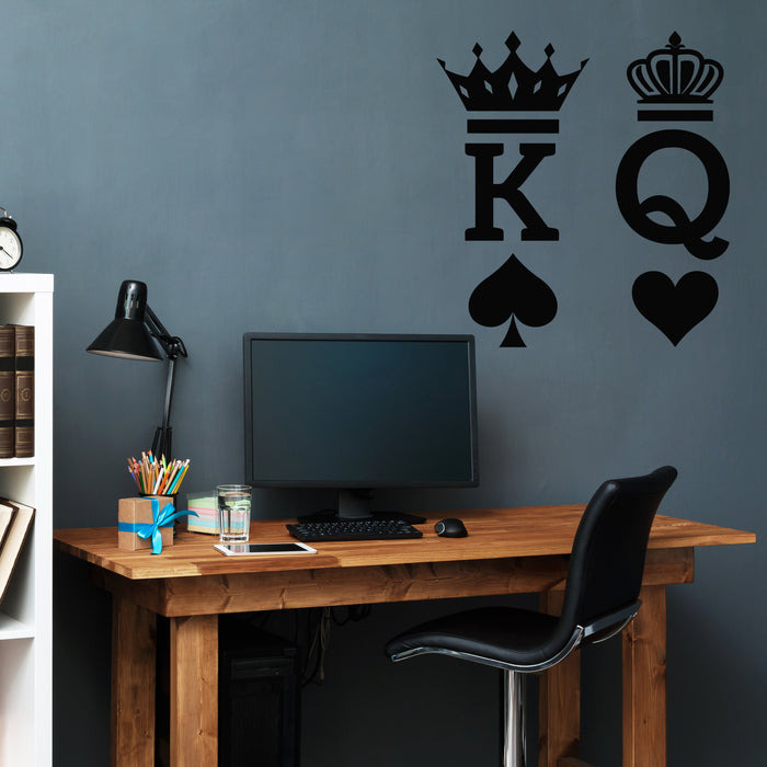 Vinyl Wall Decal King And Queen Crown Playing Card Poker Room Stickers Mural (g8008)