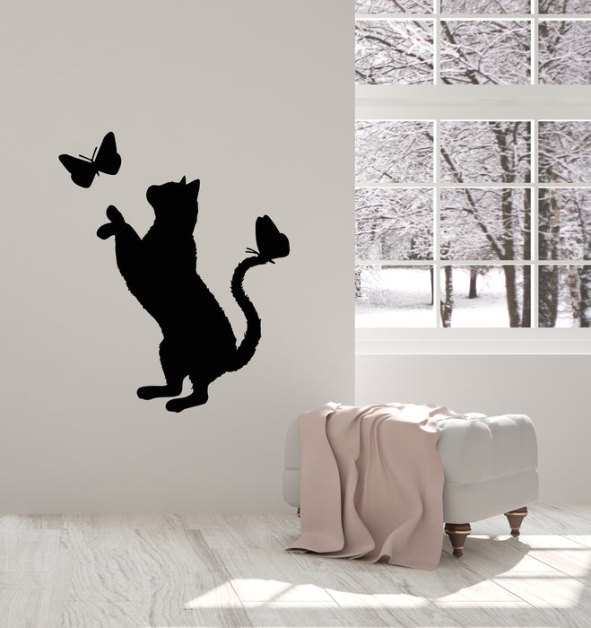 Vinyl Wall Decal Cute Cat With Butterflies Pets House Kids Nursery Decor Stickers Mural (g1407)
