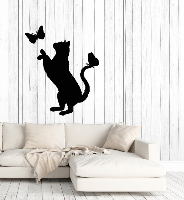 Vinyl Wall Decal Cute Cat With Butterflies Pets House Kids Nursery Decor Stickers Mural (g1407)