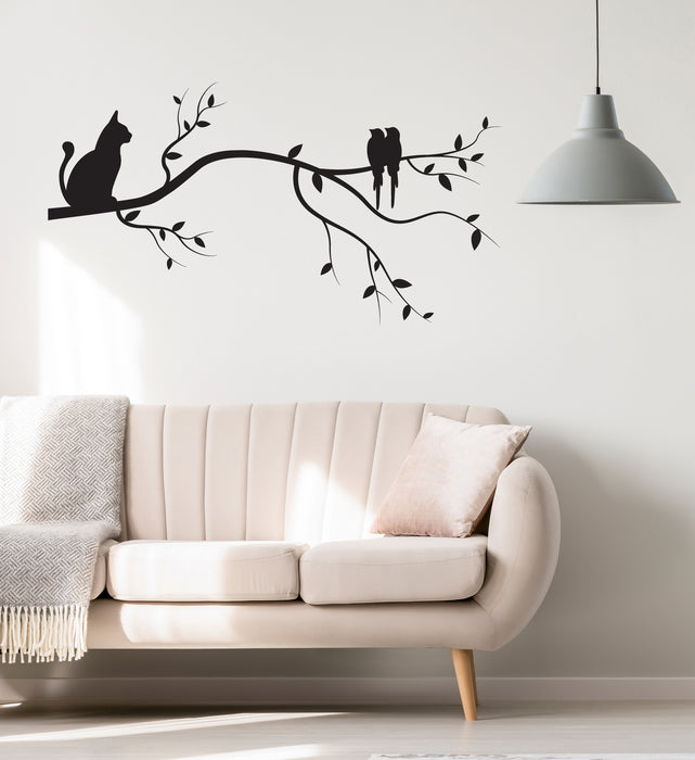 Cat and Birds on a Branch Vinyl Wall Decal Nature Stickers Mural (k180)