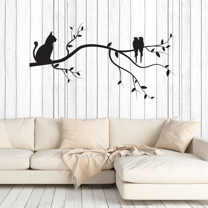 Cat and Birds on a Branch Vinyl Wall Decal Nature Stickers Mural (k180)
