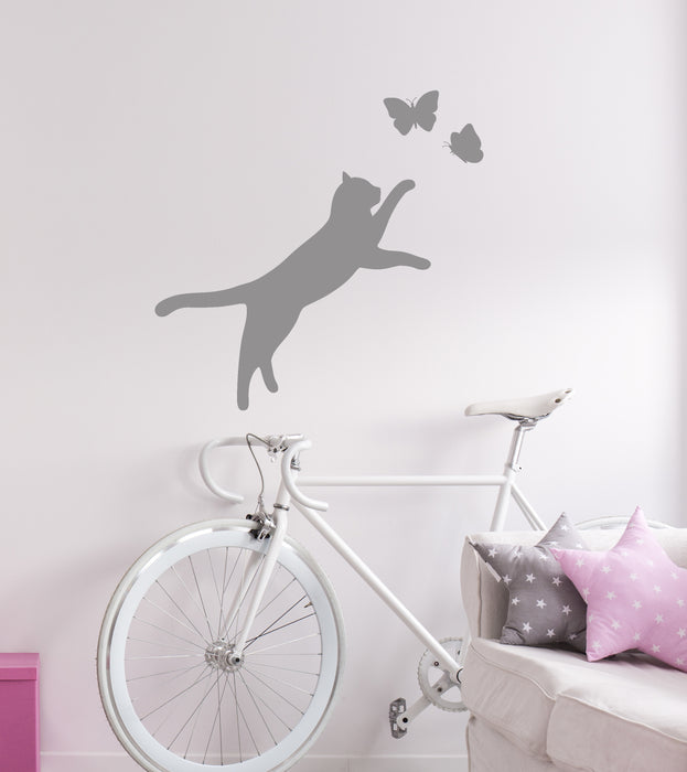 Vinyl Wall Decal Cat with Butterflies Pet Care Shop Grooming Stickers Mural (ig6405)