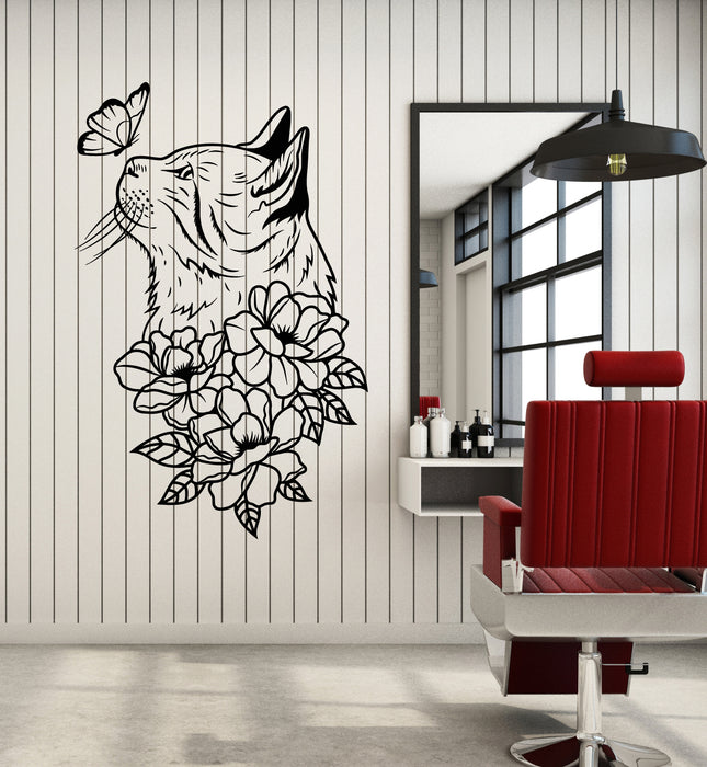Vinyl Wall Decal Abstract Cat Head Flowers Butterfly Decor Stickers Mural (g6227)
