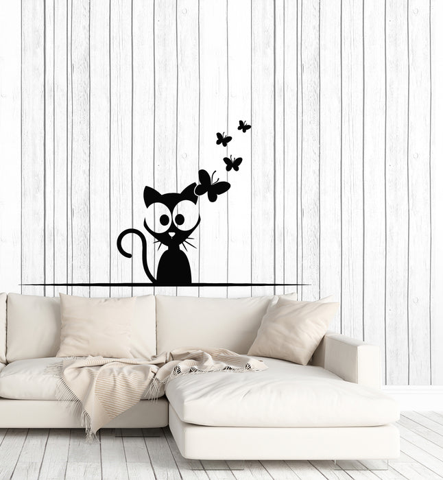 Vinyl Wall Decal Cat Home Pets Cute Animal Butterflies House Art Stickers Mural (g7850)