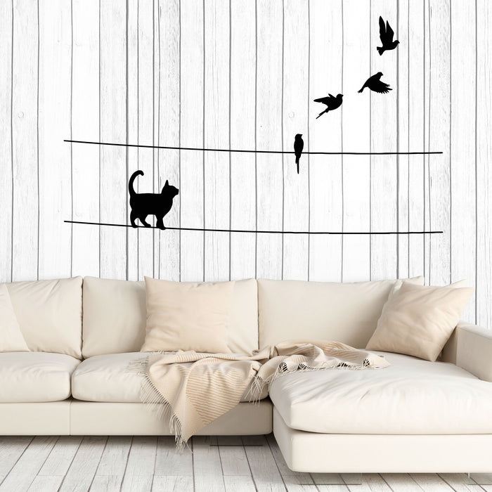 Vinyl Wall Decal Flying Birds And Cat On Wires Nature Decor Stickers Mural (g8166)