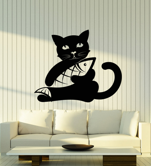 Vinyl Wall Decal Fisherman Cat And Fish Pet Animal Fishing Club Stickers Mural (g7526)