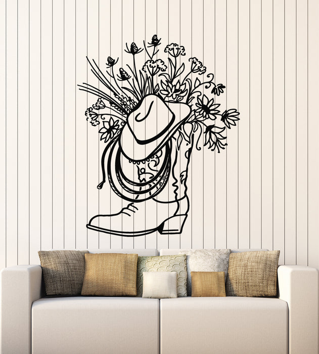 Vinyl Wall Decal Cowboy Boot Hat With Square Vase Flowers Stickers Mural (g7446)