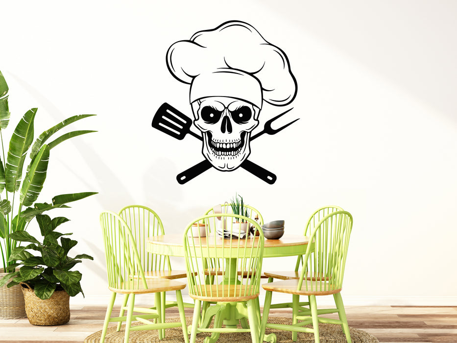 Vinyl Wall Decal Skull In Chef Hat With Crossed Barbecue Tools Stickers Mural (g8081)