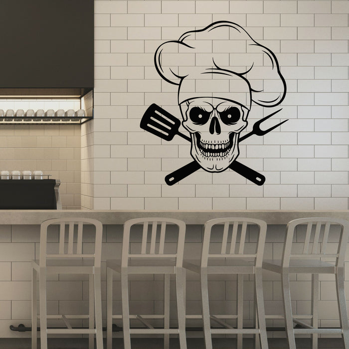 Vinyl Wall Decal Skull In Chef Hat With Crossed Barbecue Tools Stickers Mural (g8081)
