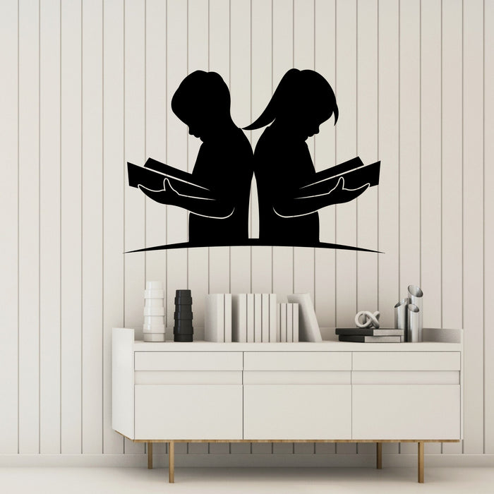 Kids with Books Vinyl Wall Decal Book Shop Children Boy and Girl Knowledge Library Stickers Mural (k103)