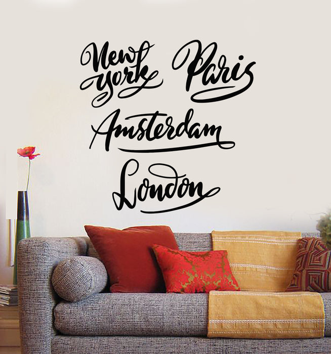 Vinyl Wall Decal New York Amsterdam Paris London Cities Tourism Words Stickers Mural (g1149)