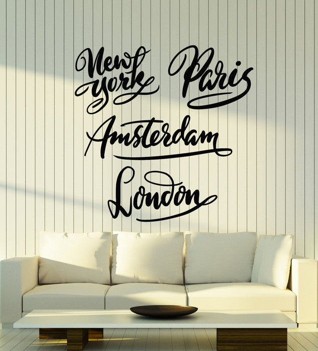 Vinyl Wall Decal New York Amsterdam Paris London Cities Tourism Words Stickers Mural (g1149)