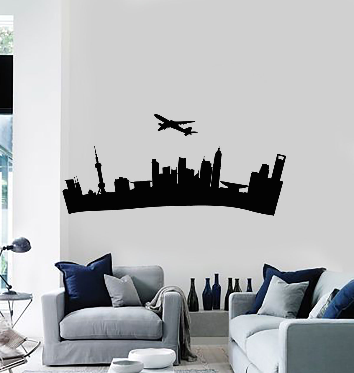 Vinyl Wall Decal Airplane Big City Skyscraper Skyline Silhouette Stick ...