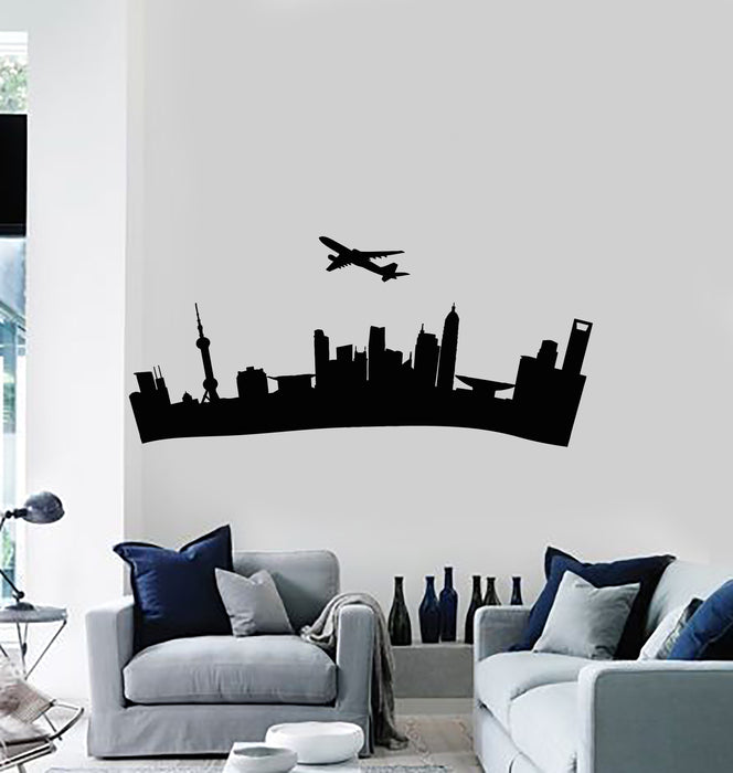 Vinyl Wall Decal Airplane Big City Skyscraper Skyline Silhouette Stickers Mural (g6309)