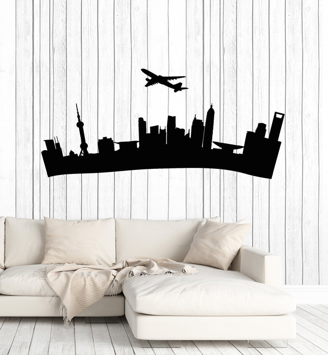 Vinyl Wall Decal Airplane Big City Skyscraper Skyline Silhouette Stickers Mural (g6309)