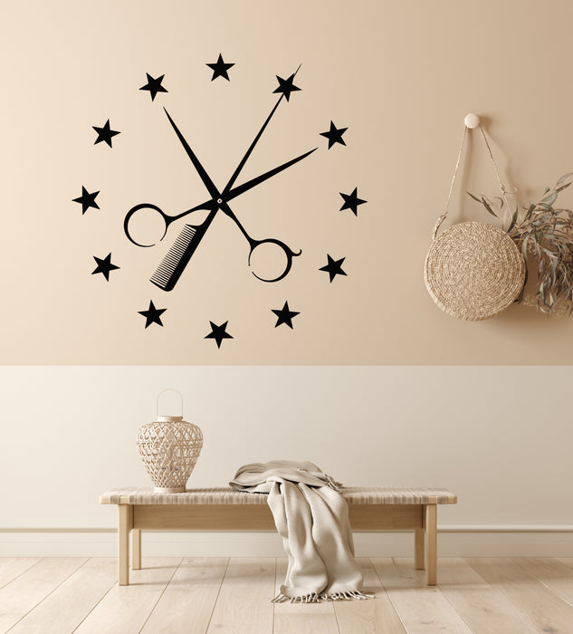 Vinyl Wall Decal Clock Beauty Hair Salon Time Scissors Comb Stickers Mural (g7417)