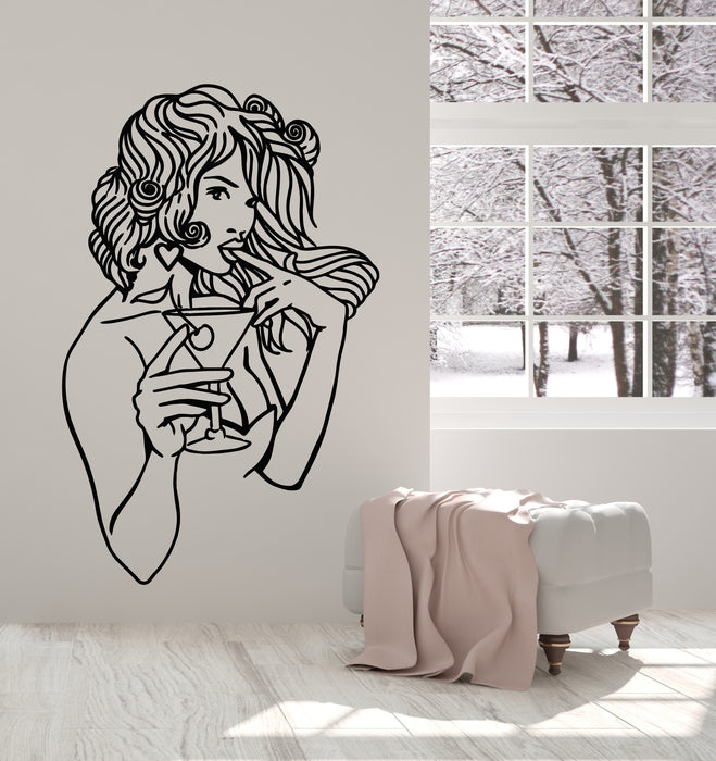 Vinyl Wall Decal Sexy Girl Drinking Cocktail Glass Martini Stickers Mural (g4940)