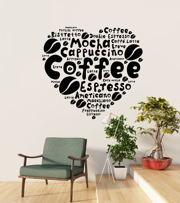 Vinyl Wall Decal Coffee House Lover Heart Beans Dining Room Idea Stickers Mural (ig6228)