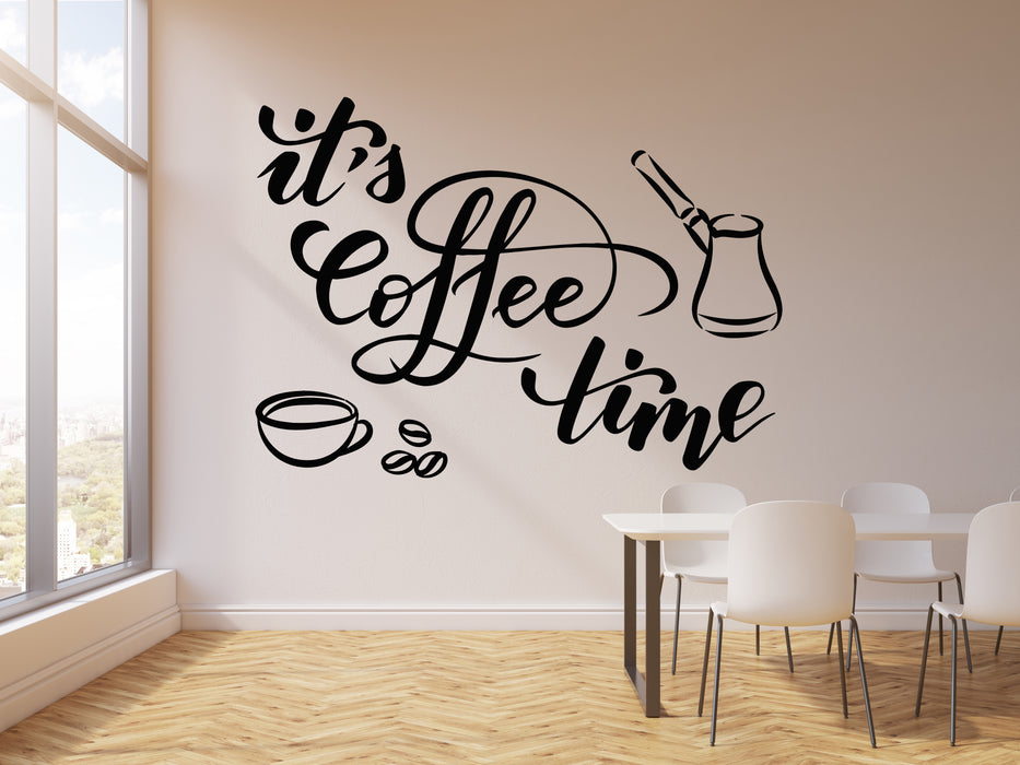 Vinyl Wall Decal Coffee Time Words Cup Coffee Bean Cafe Break Room Stickers Mural (g1375)