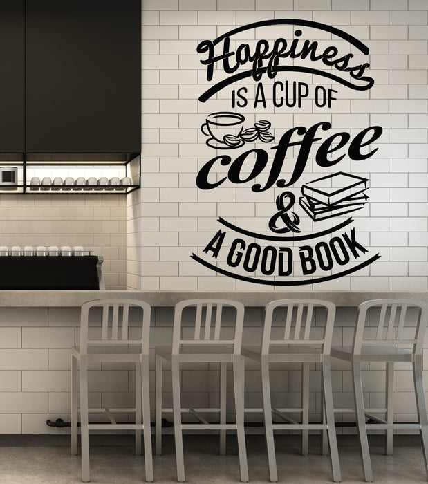 Vinyl Wall Decal Quote Happiness Book Coffee Cup Cafe Bar Stickers Mural (g2486)