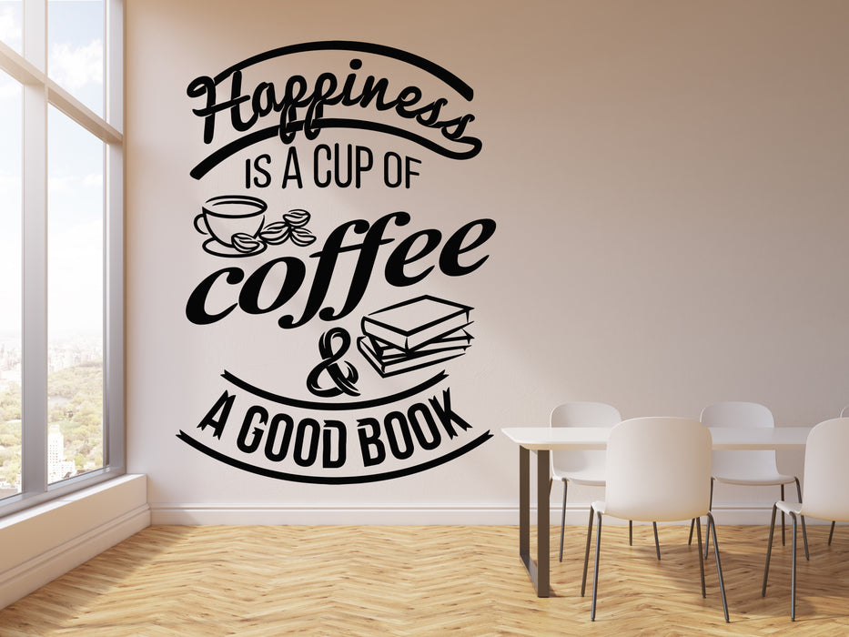 Vinyl Wall Decal Quote Happiness Book Coffee Cup Cafe Bar Stickers Mural (g2486)