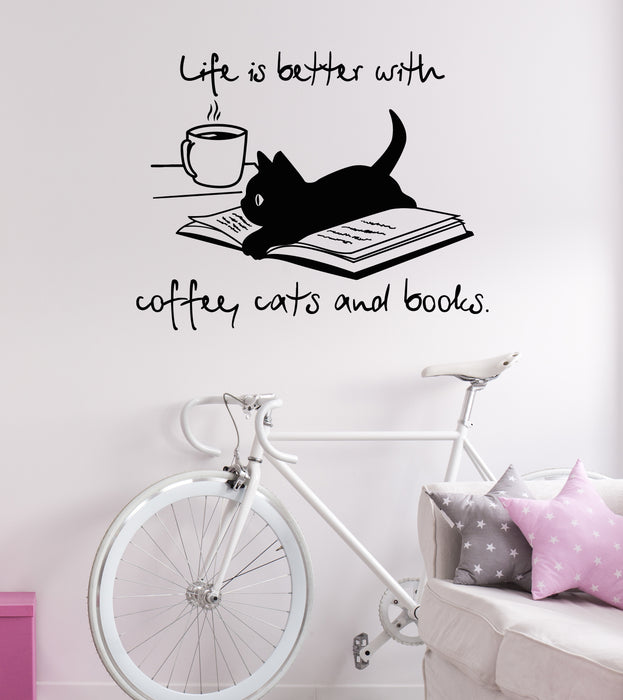 Vinyl Wall Decal Life Is Better Coffee Cats Open Books Quote Stickers Mural (g7929)